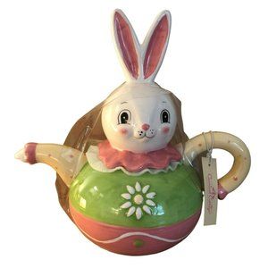 Johanna Parker Carnival Cottage Bunny Teapot Easter Decor Ceramic Rabbit NEW